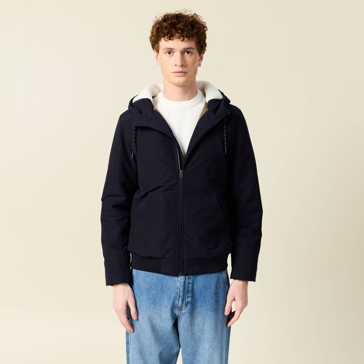 Parka courte &agrave; capuche bleu fonc&eacute; homme