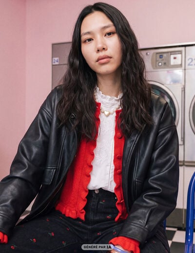 Blouson manches longues similicuir noir femme