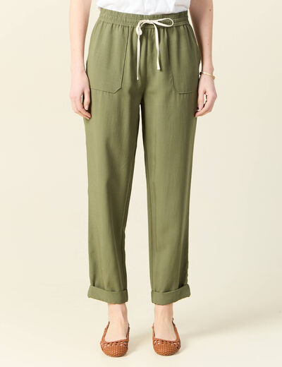 Pantalon droit à coulisse vert kaki femme