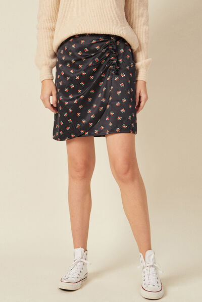 Jupe droite froncée satinée noir femme