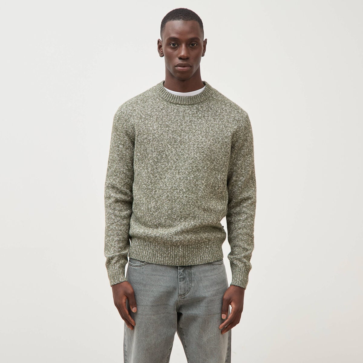 Pull droit tweed manches longues vert kaki homme