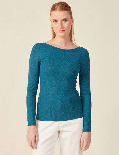 T-shirt manches longues brillant bleu canard femme