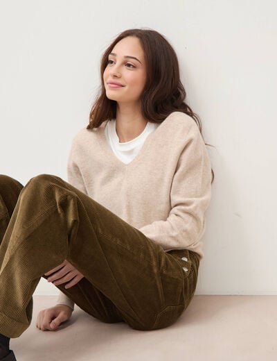 Pull droit col v manches longues creme femme