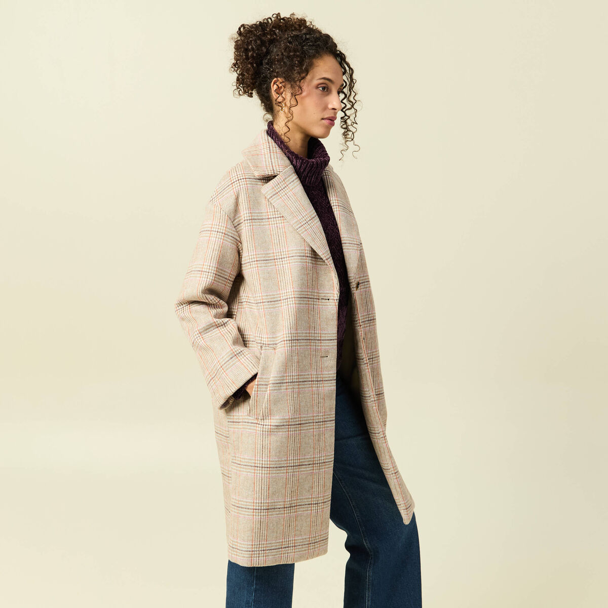 Manteau droit long col tailleur rouge clair femme