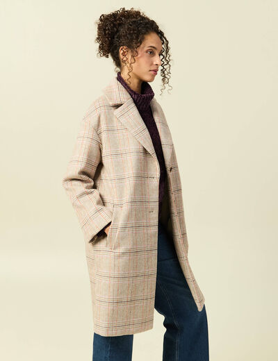 Manteau droit long col tailleur rouge clair femme