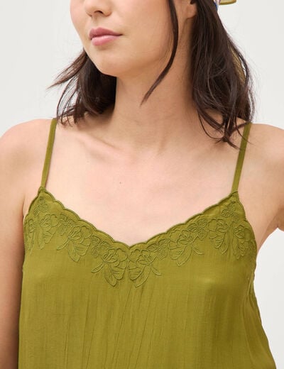 Caraco col v bretelles brod&eacute; vert kaki femme