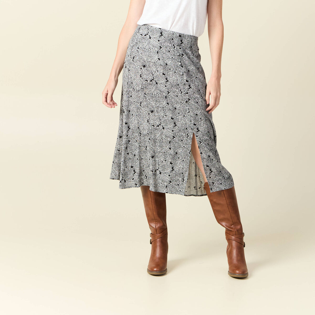 Jupe midi droite fendue noir femme