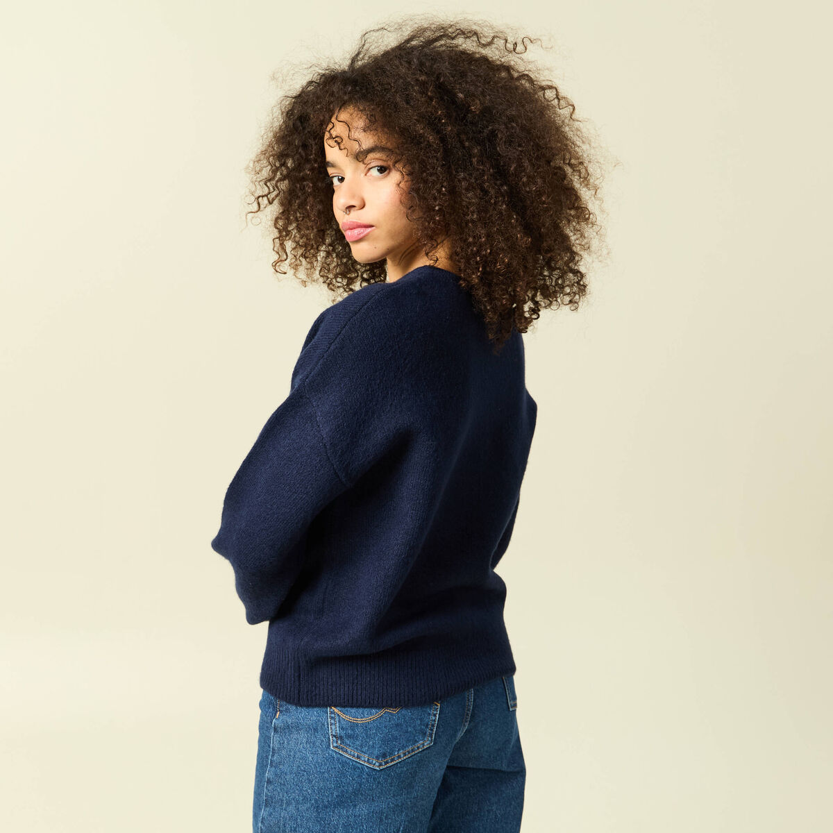 Pull col rond manches longues bleu marine femme