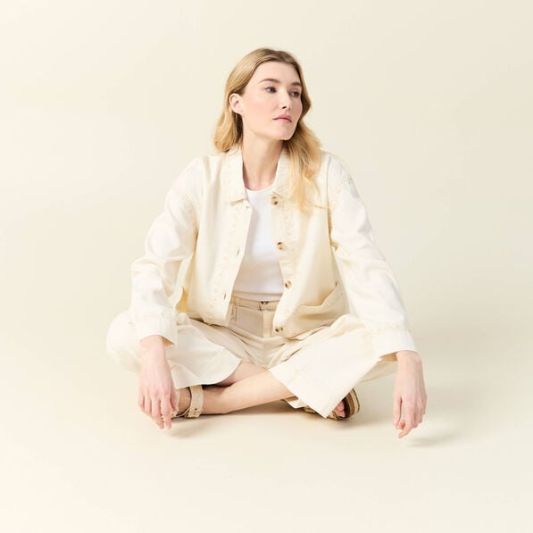 blouson boutonne brode denim blanc femme Blouson boutonné brodé denim blanc femme