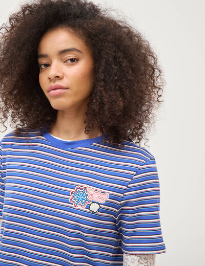 T-shirt ray&eacute; col rond manches courtes bleu electrique femme
