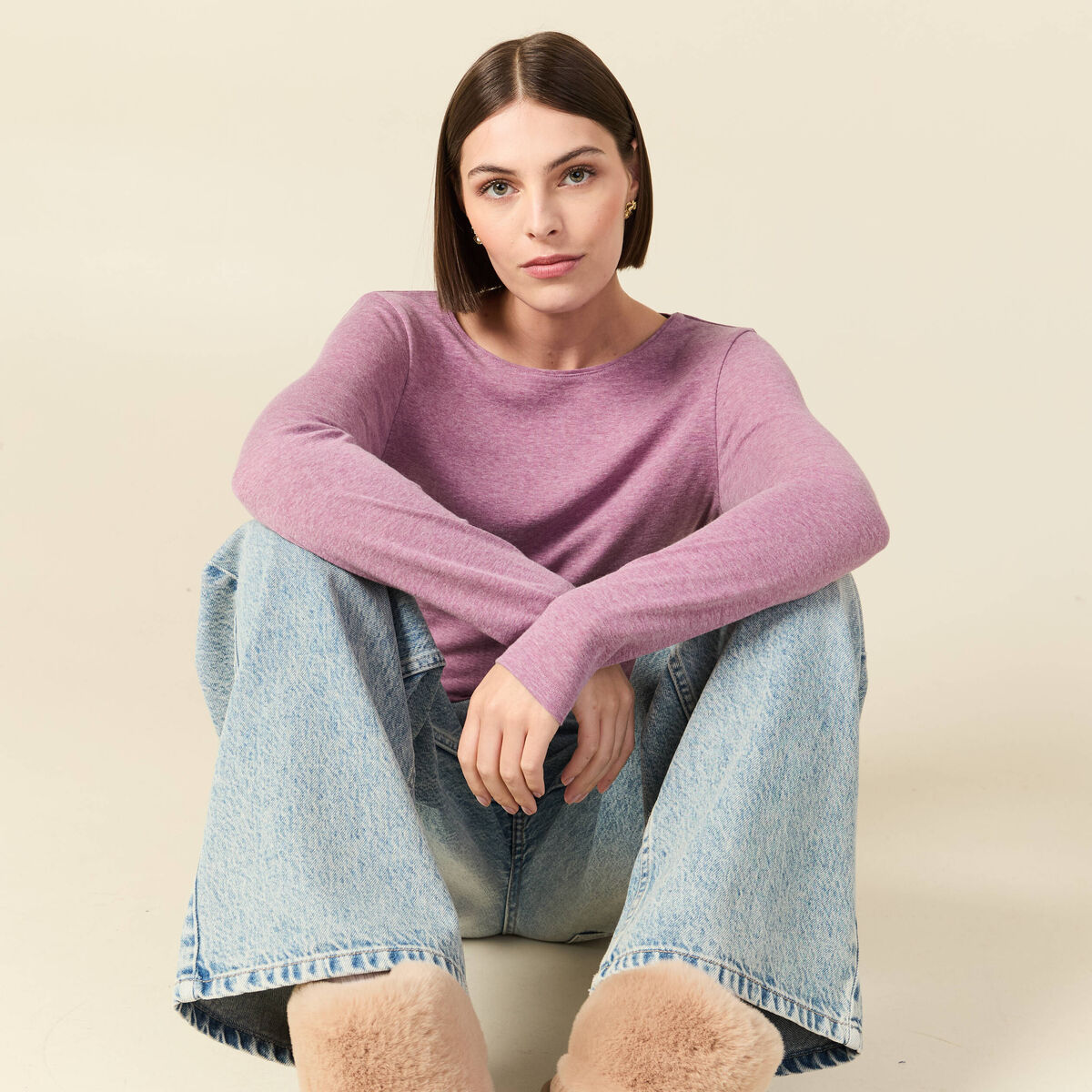 T-shirt cintr&eacute; manches longues col rond mauve femme