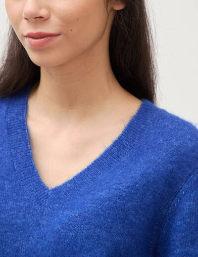 Pull droit col v manches longues bleu electrique femme