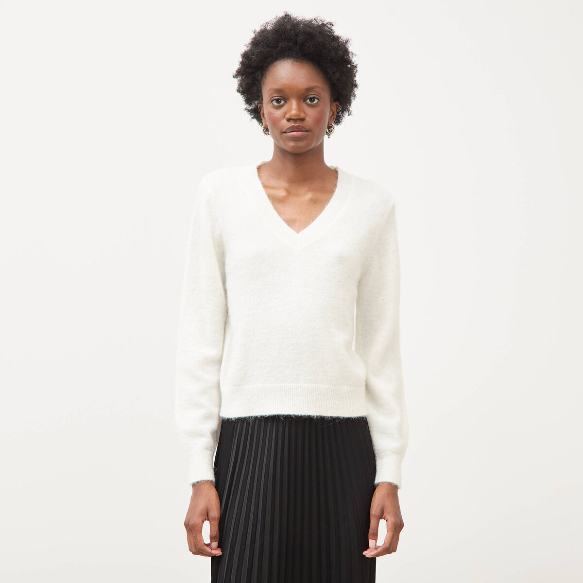 Pull droit col v manches longues ecru femme