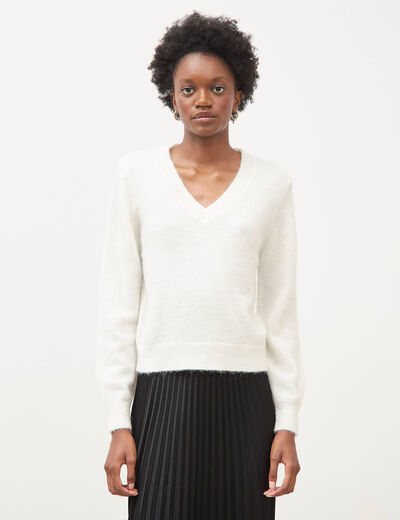 Pull droit col v manches longues ecru femme