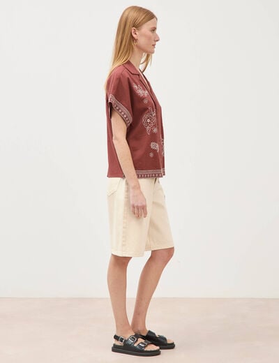Chemise ample manches courtes marron cognac femme