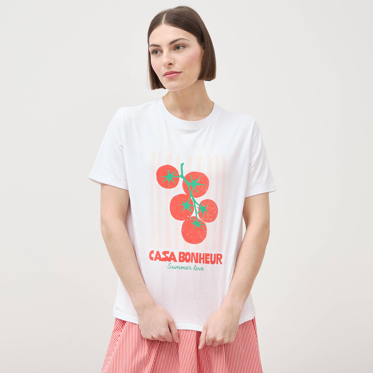 T-shirt &agrave; motif en coton manches courtes blanc femme