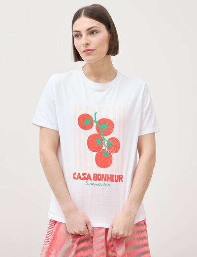 T-shirt &agrave; motif en coton manches courtes blanc femme
