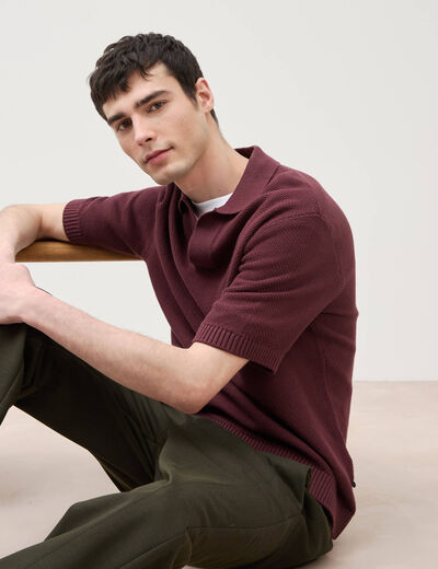 Polo ample col cubain manches courtes prune homme