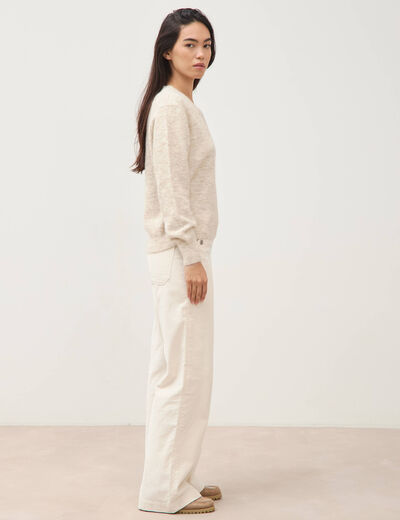 Pull col v manches longues creme femme