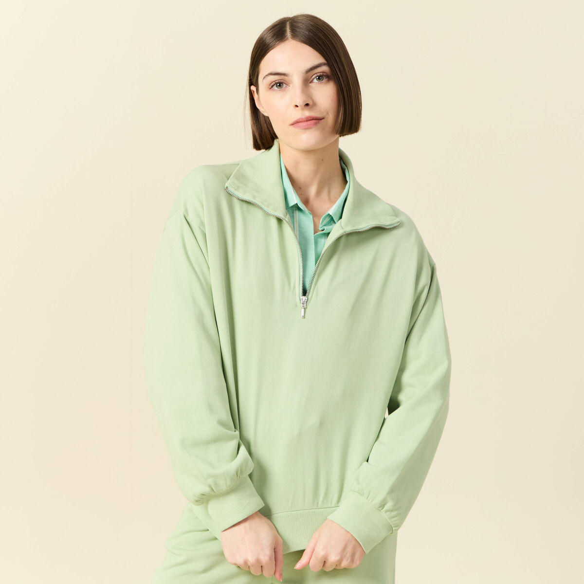 Sweat manches longues col camionneur vert clair femme
