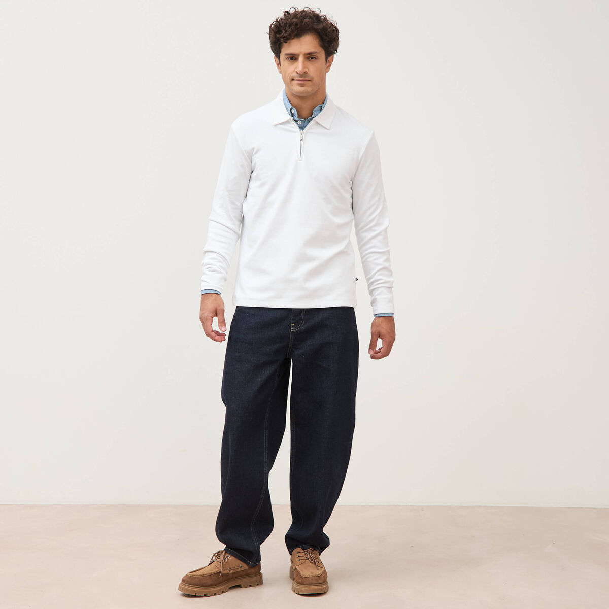 Polo droit manches longues blanc homme