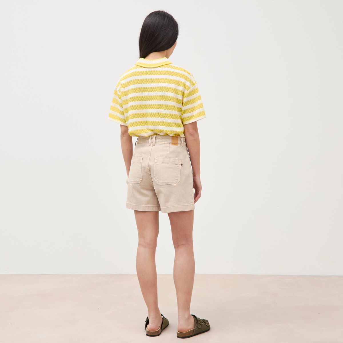 Short en jean taille haute beige femme