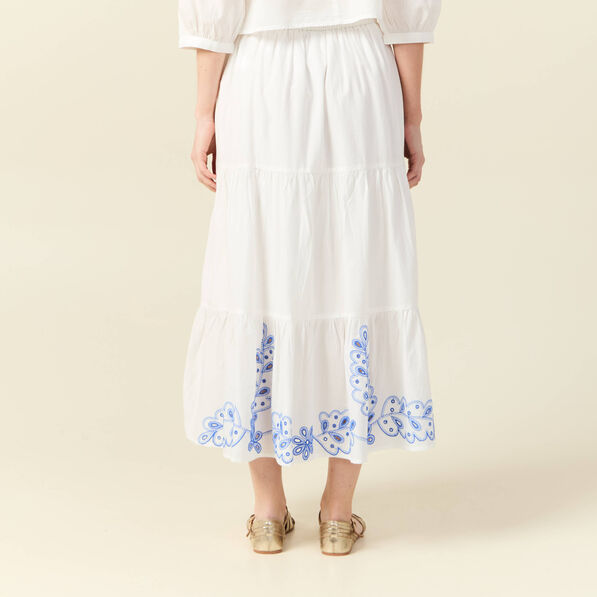 jupe longue evasee brodee ecru femme Jupe longue évasée brodée ecru femme