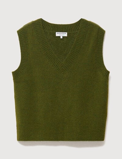 Pull sans manches col en V vert kaki femme