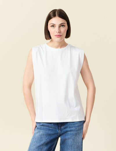 T-shirt col rond sans manches en coton blanc femme