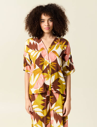 Chemise manches courtes col cubain marron cognac femme