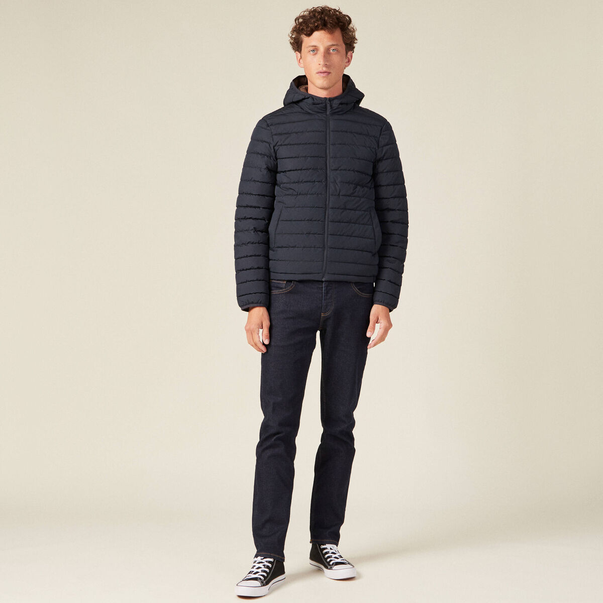 Doudoune droite à capuche bleu marine homme