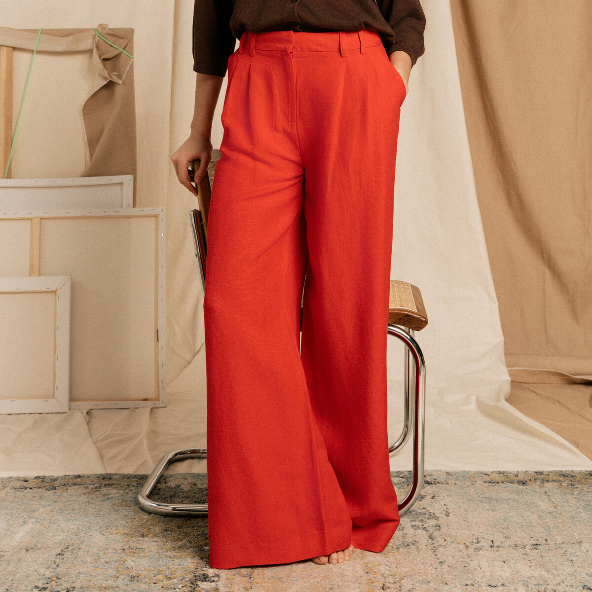 Pantalon large taille standard rouge femme