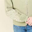 Cardigan droit court col rond brod&eacute; vert kaki femme