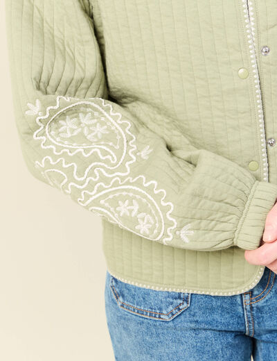 Cardigan droit court col rond brod&eacute; vert kaki femme