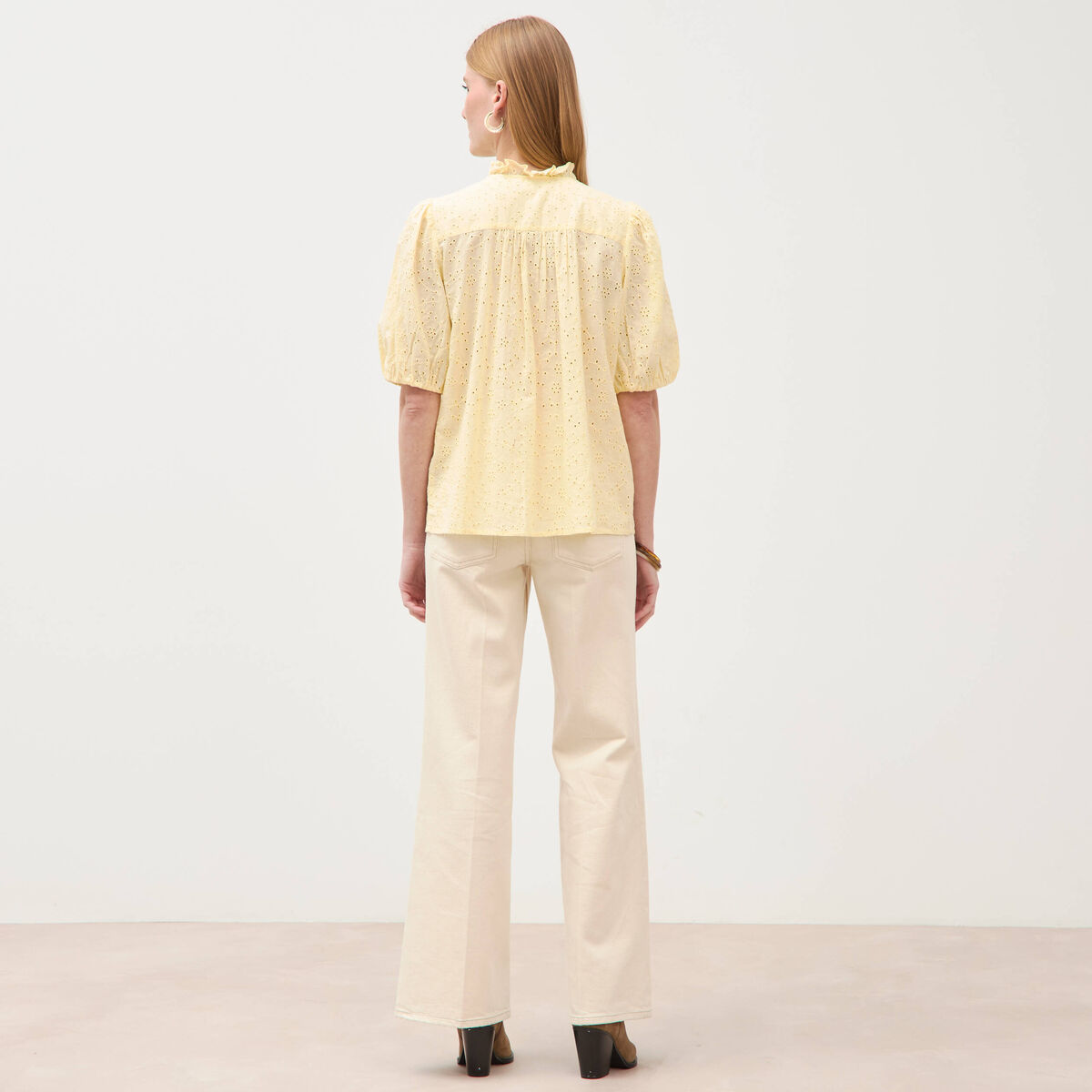 Chemise en coton manches coude jaune clair femme