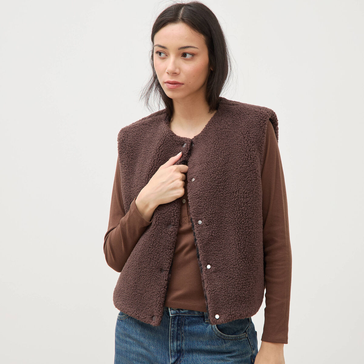 Gilet sans manches r&eacute;versible marron chocolat femme