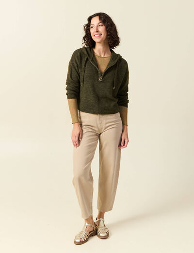 Pull &agrave; capuche zipp&eacute; vert kaki femme