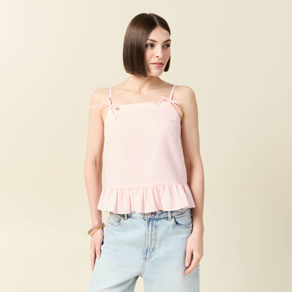 D&eacute;bardeur droit court col carr&eacute; rose clair femme