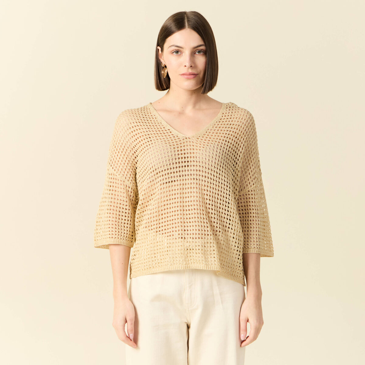 Pull manches courtes ajour&eacute; creme femme