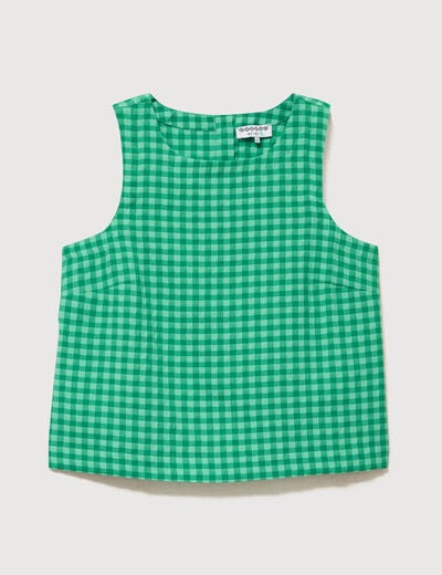 Blouse vichy droite cropped sans manches vert femme