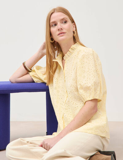 Chemise en coton manches coude jaune clair femme