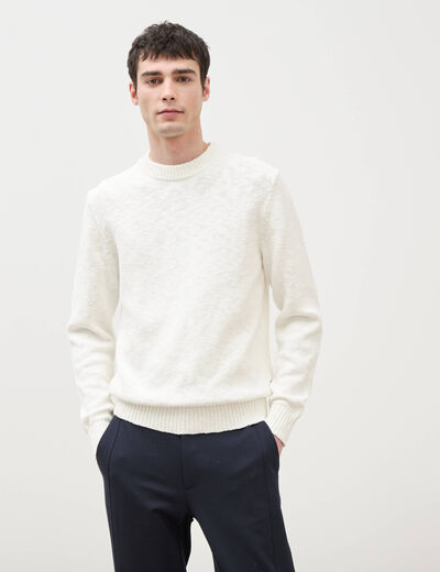 Pull col rond manches longues en coton ecru homme