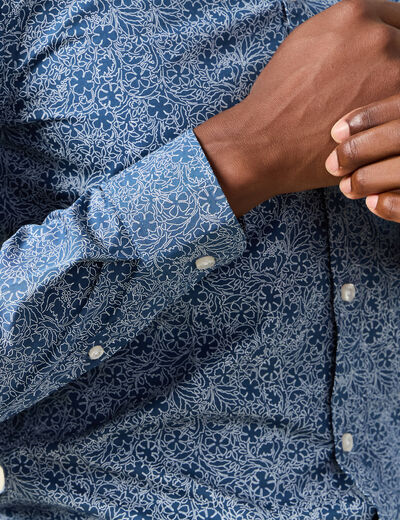Chemise cintr&eacute;e en coton manches longues bleu marine homme