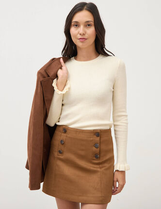 Pull cintr&eacute; col rond manches longues creme femme