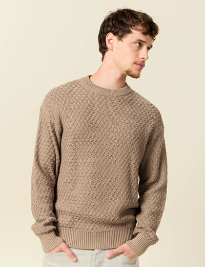 Pull col rond en coton taupe homme