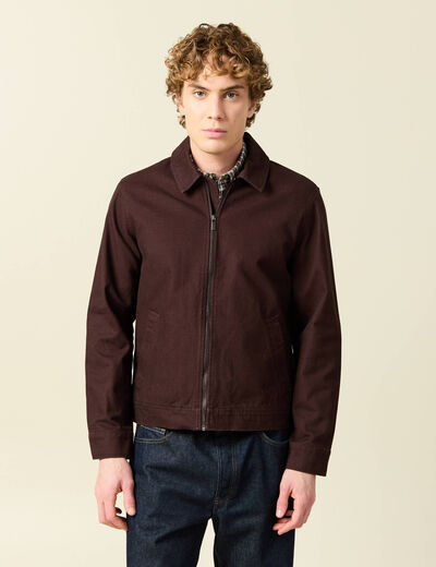 Blouson droit court en coton marron fonc&eacute; homme