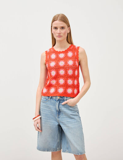 D&eacute;bardeur crochet col rond sans manches orange fonc&eacute; femme