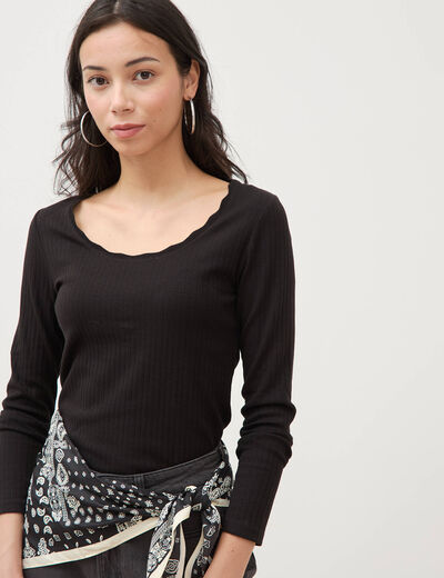 T-shirt ajust&eacute; col rond manches longues noir femme