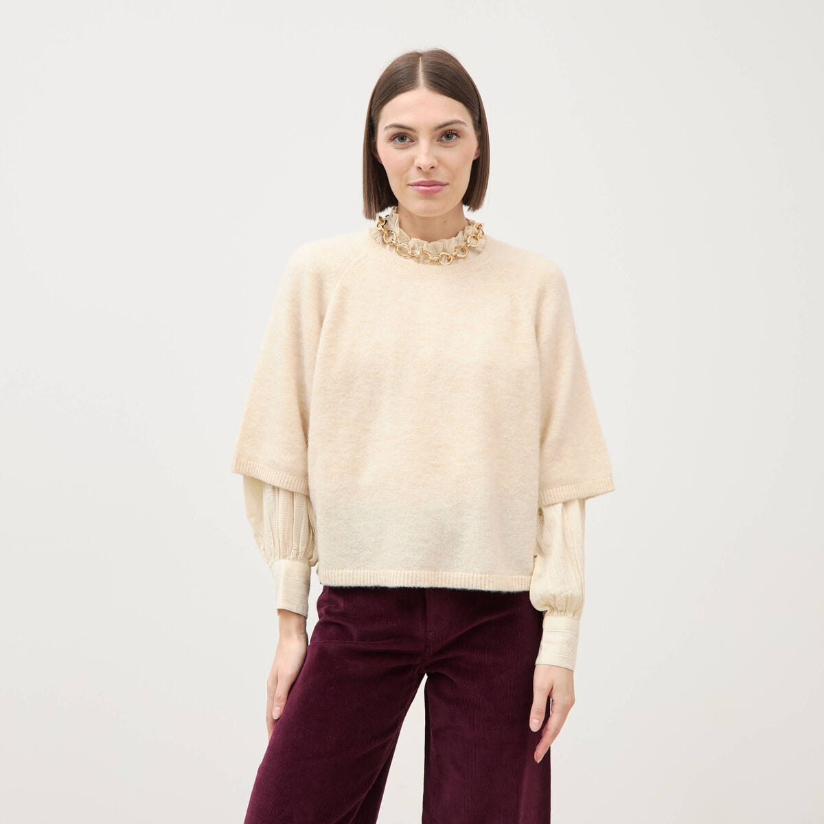 Pull droit col rond manches courtes ivoire femme