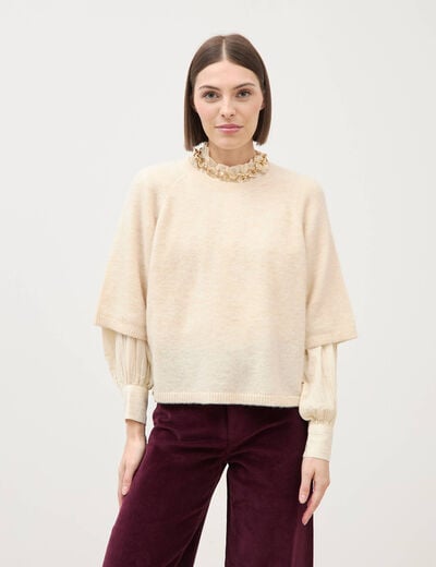 Pull droit col rond manches courtes ivoire femme